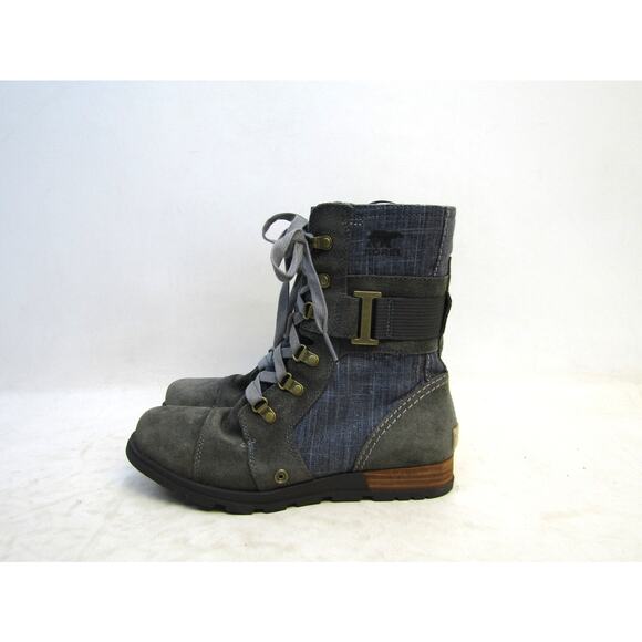 Sorel Womens Size 8 Gray Suede Blue Lace Up Ankle Fashion Boots Bootie - Picture 1 of 11